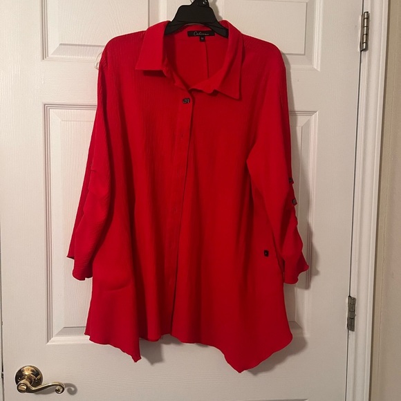 Red Boxy Notched Collar Button Down Shirt - Picture 1 of 6